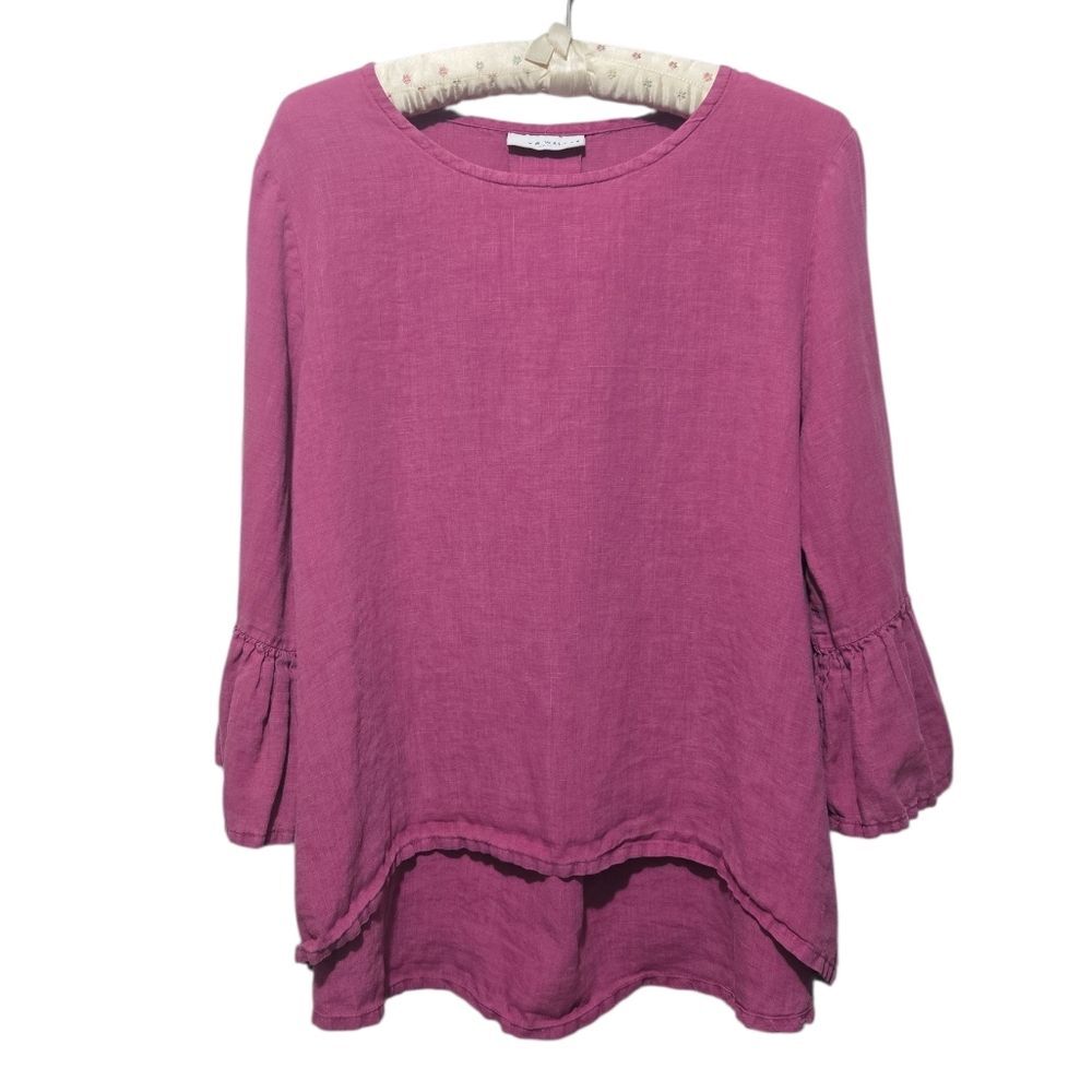 Bryn Walker Fran Ruffle Sleeve Fuschia Pink 100% Linen Top Size Medium